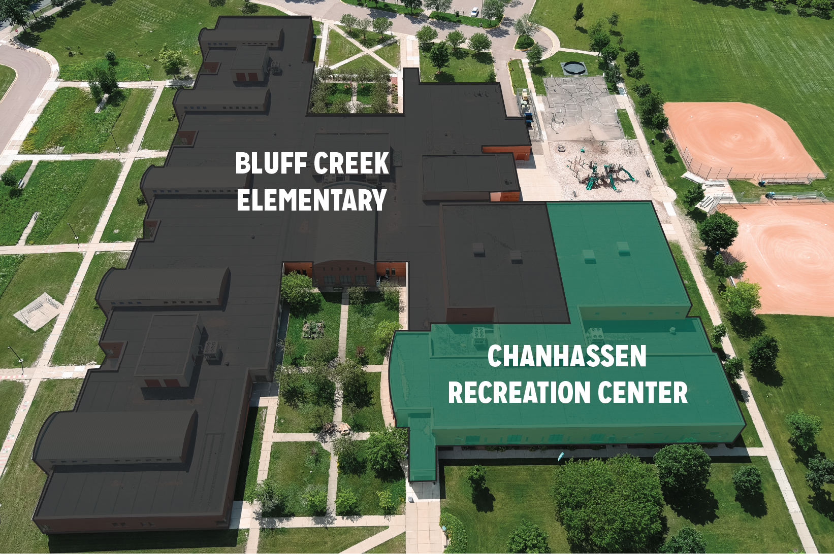 Bluff Creek Elementary and Chanhassen Rec Center from above